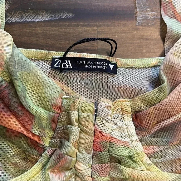 Zara Tulle Corset Top Printed Crop Sheer Underwire Green Orange Small - Picture 8 of 9